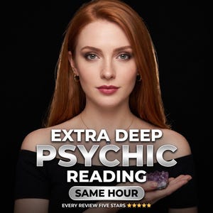 May include: A person with long red hair wearing a black off-the-shoulder top, holding a small purple crystal. Text overlay reads: EXTRA DEEP PSYCHIC READING, SAME HOUR, EVERY REVIEW FIVE STARS with five gold stars.