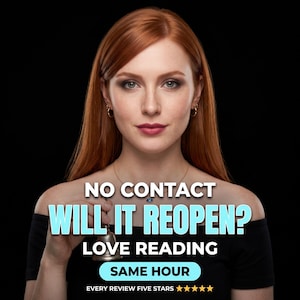 May include: A person with long red hair wearing a black off-the-shoulder top and a gold necklace with a blue eye pendant. Text reads: NO CONTACT WILL IT REOPEN? LOVE READING SAME HOUR EVERY REVIEW FIVE STARS with five yellow star icons.