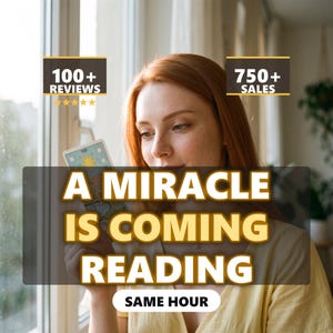 May include: A tarot card featuring a yellow star illustration held by a person. Text overlays include 100+ REVIEWS, 750+ SALES, A MIRACLE IS COMING READING, and SAME HOUR. The card displays a blue background with a central star design.