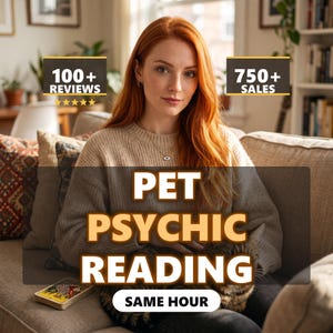 May include: A person with long red hair wearing a beige knit sweater, holding a cat. Text overlays include 100+ REVIEWS, 750+ SALES, PET PSYCHIC READING, and SAME HOUR. A deck of tarot cards rests on the sofa cushion next to the person.