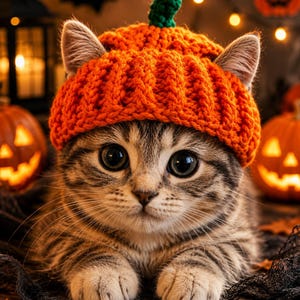 Puede incluir: Un gatito atigrado que lleva un gorro de punto acanalado de color naranja brillante con forma de calabaza y un pequeño tallo verde en la parte superior. El gatito tiene ojos grandes y oscuros, pelaje gris y marrón, y está mirando al frente.
