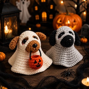 May include: Two crocheted dog figures dressed as ghosts. The left figure is a brown dog in a cream-colored ghost costume holding a small orange jack-o'-lantern bucket. The right figure is a gray and black dog in a gray ghost costume.