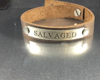 Salvaged-Brown Leather Cuff Bracelet Modern Boho Jewelry Adjustable Length Handmade Leather Jewelry Message Bracelet Inspirational
