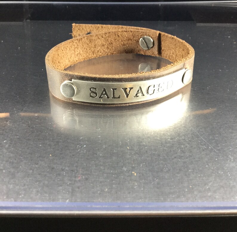 Salvaged-Brown Leather Cuff Bracelet Modern Boho Jewelry Adjustable Length Handmade Leather Jewelry Message Bracelet Inspirational