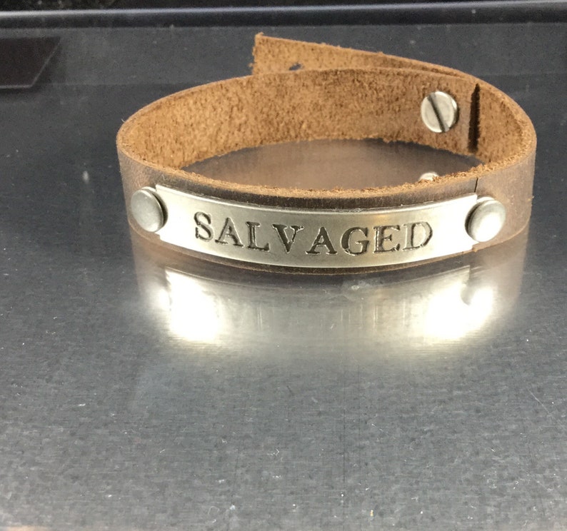 Salvaged-Brown Leather Cuff Bracelet Modern Boho Jewelry Adjustable Length Handmade Leather Jewelry Message Bracelet Inspirational
