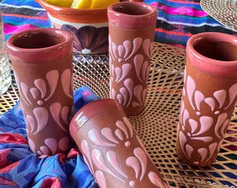 Handmade Mexican Clay Shot Glasses | Set of 4 Caballitos, Pink Floral Design