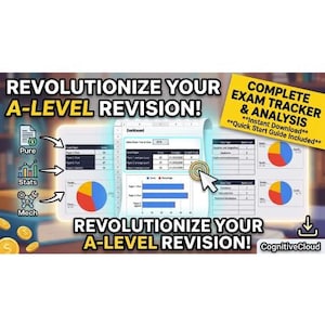May include: A digital A-Level revision dashboard featuring tables, bar charts, and pie charts for tracking exam scores. The interface includes labels for Pure, Stats, and Mech subjects, with text reading REVOLUTIONIZE YOUR A-LEVEL REVISION and CognitiveCloud.