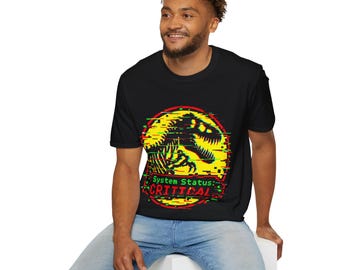 System Status CRITICAL Shirt | Glitch Dinosaur Retro Computer Error Tee | 90s Tech Humor Dino Gift