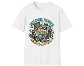 Unplugged Untamed and Over-Caffeinated Shirt | Retro 90s Tech Badge Tee | Coffee Nostalgia Gift
