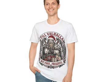Koszulka Till Valhalla But First Presents, koszulka świąteczna z wikingiem Mikołajem, prezent na Boże Narodzenie w stylu nordyckim, zabawny prezent świąteczny z wikingami dla niego