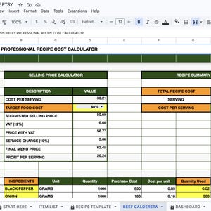 May include: A digital spreadsheet titled EASYCHEFFY PROFESSIONAL RECIPE COST CALCULATOR featuring a selling price calculator and recipe summary. The table includes columns for description, value, ingredients, unit, quantity, and cost per unit.