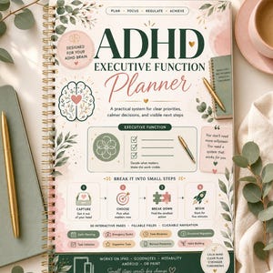 Puede incluir: Un planificador de funciones ejecutivas TDAH con espiral, fondo crema, texto verde y detalles florales. La portada incluye una ilustración de un cerebro, un diagrama de cuatro pasos y secciones para planificación diaria y hábitos.