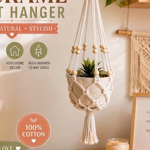 Macrame Plant Hanger Boho Hanging Planter Handmade Woven Cotton Rope Wood Beads Rustic Farmhouse Wall Decor Indoor Housewarming Gift