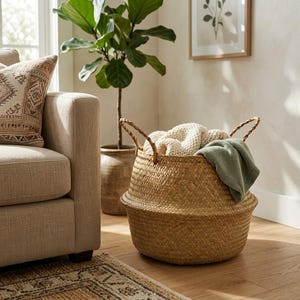 May include: A round, woven seagrass basket with two sturdy handles, featuring a wide base that tapers towards the middle. The basket is filled with a cream-coloured chunky knit blanket and a folded sage green textile, providing storage for home items.