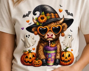 Camiseta de Halloween con vaca de las Tierras Altas, camiseta con sombrero de bruja y vaca, camiseta divertida con calabaza, fantasma y murciélago, top de otoño estilo cottagecore, regalo de Halloween para amantes de las vacas.