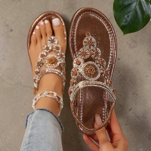 Boho Beaded Sandals for Women Handmade Rhinestone Flower Flat Sandals Summer Beach Slip On Shoes