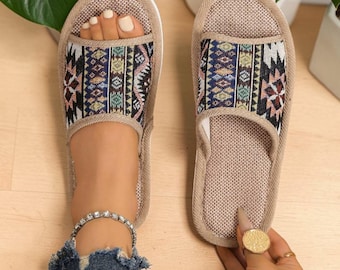 Boho Woven Indoor Slippers for Women Ethnic Pattern Open Toe House Shoes Cozy Cotton Home Slides