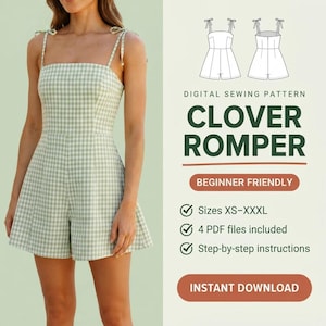 May include: A digital sewing pattern for a Clover Romper featuring a light green and white gingham print. The pattern includes sizes XS-XXXL, four PDF files, and step-by-step instructions. The design shows a sleeveless romper with tie straps.