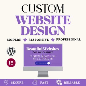 May include: A digital graphic for custom website design services featuring a computer monitor displaying the text Beautiful Websites For Your Brand and Custom Design For Small Business. Includes WordPress and Elementor logos with icons for secure, fast, and reliable.