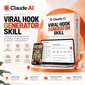 May include: A digital product bundle titled Claude AI Viral Hook Generator Skill featuring a box, a laptop, and a smartphone displaying a hook generator interface. The text includes Prompts, Templates, Guides, and features for creators, marketers, and businesses.