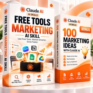Könnte beinhalten: Zwei weiße, rechteckige Produktboxen mit orangefarbenem und schwarzem Text. Die größere Box zeigt 'Claude AI AI SKILLS FREE TOOLS MARKETING AI SKILL' mit verschiedenen Software-Symbolen. Die kleinere Box ist mit '100 MARKETING IDEAS WITH CLAUDE AI' beschriftet.
