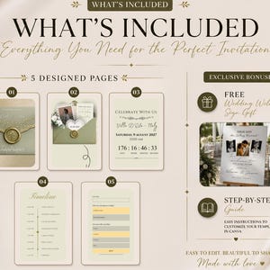 A graphic showing "WHAT'S INCLUDED" with five designed pages of a wedding website template and bonus items like a welcome sign and step-by-step guide.