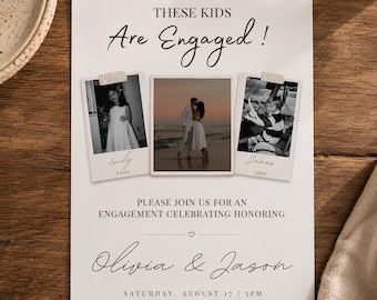 May include: A white engagement invitation card featuring the text "THESE KIDS Are Engaged!" and three photos. The photos show a young girl, a couple on a beach, and a young boy. The card includes the names "Olivia & Jason" and event details.
