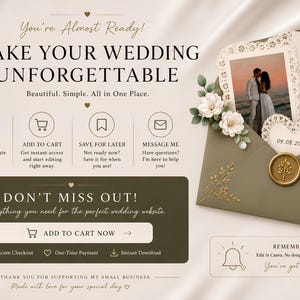 A digital wedding invitation with a photo of a couple and a wax seal is shown next to text about making a wedding unforgettable and options to favorite, add to cart, and message.