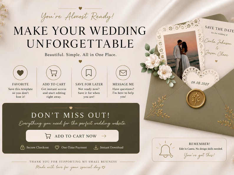 A digital wedding invitation with a photo of a couple and a wax seal is shown next to text about making a wedding unforgettable and options to favorite, add to cart, and message.