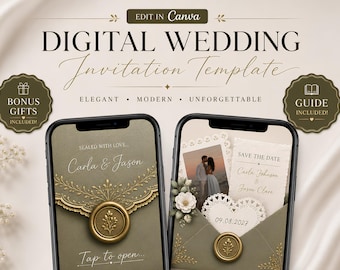May include: A digital wedding invitation template displayed on two smartphones. The screens show an olive green envelope design with a gold wax seal, floral accents, a photo of a couple, and text including Carla & Jason and 09.08.2027.
