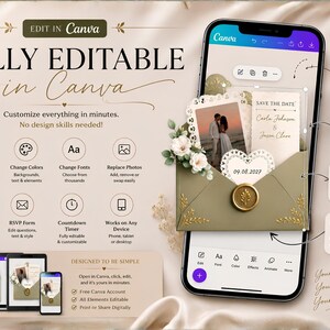 A smartphone screen shows a Canva editing interface for a digital wedding invitation, with various editing options listed around it.