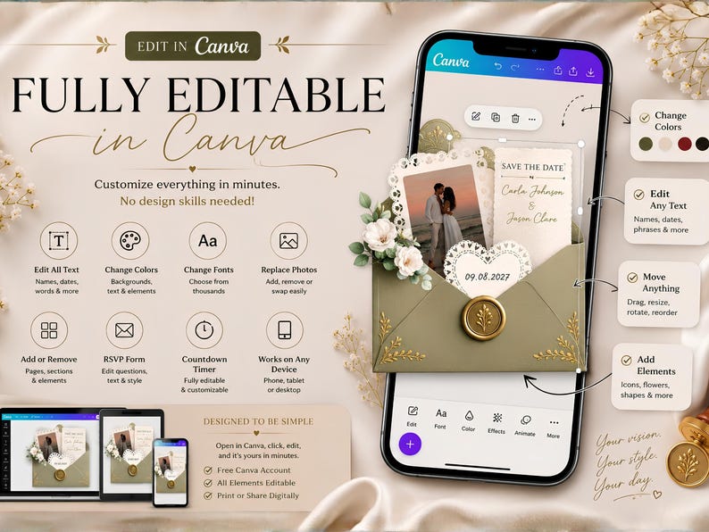 A smartphone screen shows a Canva editing interface for a digital wedding invitation, with various editing options listed around it.