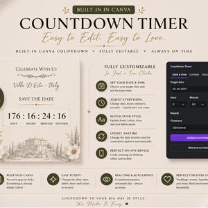A graphic titled "BUILT-IN CANVA COUNTDOWN TIMER" shows a digital countdown to a wedding date and time, with editing options.