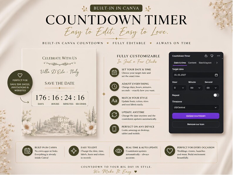 A graphic titled "BUILT-IN CANVA COUNTDOWN TIMER" shows a digital countdown to a wedding date and time, with editing options.