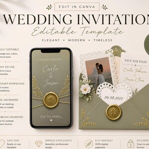 A wedding invitation template is displayed on a smartphone, next to a matching olive green envelope with a gold wax seal and a "Save the Date" card.
