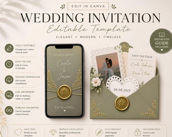 May include: An editable wedding invitation template featuring a smartphone displaying a digital invite with gold wax seal graphics, alongside a physical sage green envelope containing a photo card, a Save the Date card, and a heart-shaped paper doily.