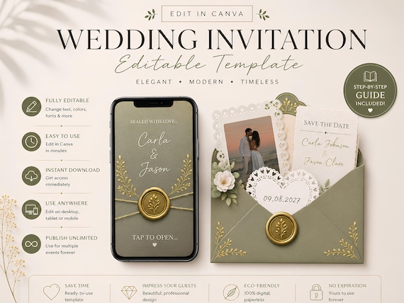 Editable Wedding Website Template with RSVP & Countdown | Digital Invitation in Canva