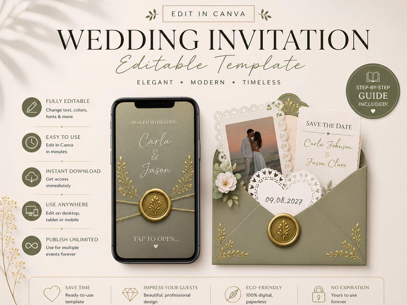 A wedding invitation template is displayed on a smartphone, next to a matching olive green envelope with a gold wax seal and a "Save the Date" card.