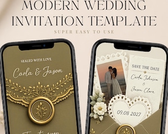 May include: Two smartphones displaying a digital wedding invitation template. The screens show olive green backgrounds, gold wax seal graphics with floral motifs, and text including "Carla & Jason," "Sealed with love," and "Save the date."