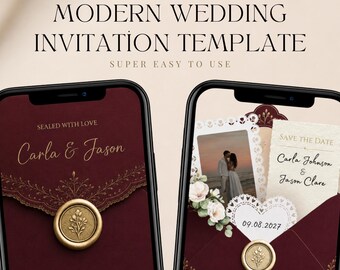 May include: Two smartphones displaying a digital wedding invitation template. The screens show a deep burgundy background, gold text, a gold wax seal with a floral motif, a photo of a couple, and the text Carla & Jason, Save the Date, 09.08.2027.