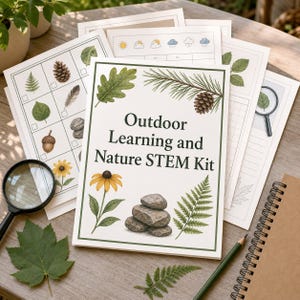 Puede incluir: Un folleto educativo Outdoor Learning and Nature STEM Kit con portada blanca que muestra ilustraciones de una hoja de roble, rama de pino, piña, flor amarilla, helecho y piedras apiladas, rodeado de hojas de actividades adicionales.