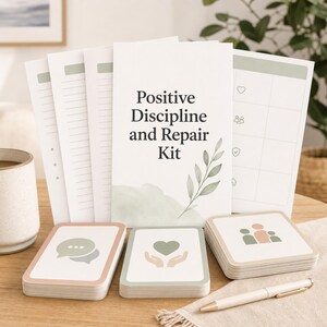 以下が含まれることがあります： Positive Discipline and Repair Kitのセット。緑の葉のグラフィックが描かれた中央のインストラクションカード、数枚の罫線入りノートシート、吹き出し、手の中のハート、人々のアイコンが描かれた3つの正方形のカードスタックが含まれています。