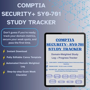 Peut inclure: Un modèle numérique de suivi d'étude CompTIA Security+ SY0-701 affiché sur un écran de tablette. L'interface comprend un journal d'étude pondéré par domaine, un suivi de progression, des détails d'examen et des boutons de navigation.