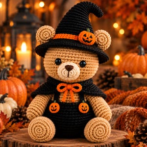 Puede incluir: Un oso de peluche beige tejido a ganchillo que lleva un sombrero de bruja negro puntiagudo con una banda naranja y un pequeño adorno de calabaza. El oso viste una capa negra con un lazo naranja y un peto negro con botones de calabaza.