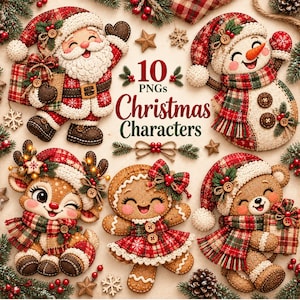 Christmas Clipart PNG Bundle, 10 Cute Knitted Christmas Characters Patchwork, Santa Snowman Reindeer Elf Penguin Grinch Digital Download