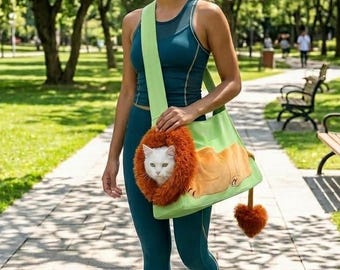 Puede incluir: Un bolso transportador para mascotas de color verde claro con forma de cuerpo de león y una abertura de melena marrón de felpa, con una cabeza de gato blanco asomando por la melena y una cola marrón en forma de corazón en el lateral.