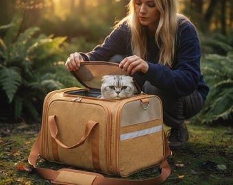 Puede incluir: Un transportín rectangular para mascotas de color tostado con una abertura superior de malla y paneles de ventilación laterales. El transportín cuenta con un asa resistente, una correa para el hombro con una sección acolchada y una banda reflectante en el lateral. Un gato gris está dentro.