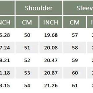 May include: A size chart table with olive green headers labeled Size, Bust, Shoulder, Sleeve, and Length. The table lists measurements in centimeters and inches for sizes S, M, L, XL, and XXL, providing specific numerical data for each category.