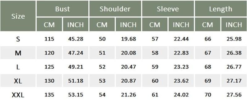 May include: A size chart table with olive green headers labeled Size, Bust, Shoulder, Sleeve, and Length. The table lists measurements in centimeters and inches for sizes S, M, L, XL, and XXL, providing specific numerical data for each category.