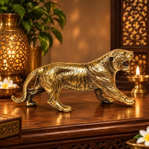 Puede incluir: Una figura de tigre de metal dorado en postura de acecho con la boca abierta, mostrando una textura de pelaje detallada y definición muscular. La escultura está elaborada con un acabado pulido que refleja la luz y captura el movimiento.